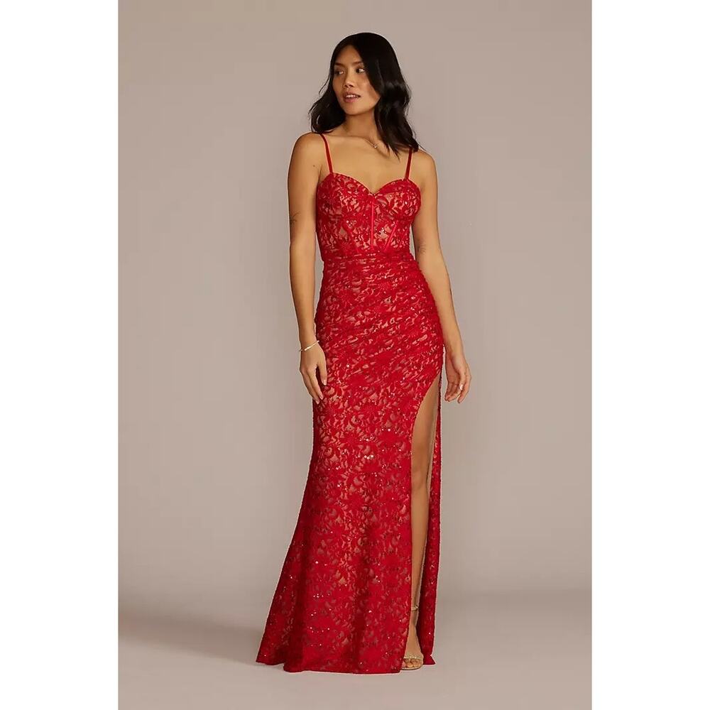 Galina Signature Dress Red Allover Lace Corset Sheath with Side Slit